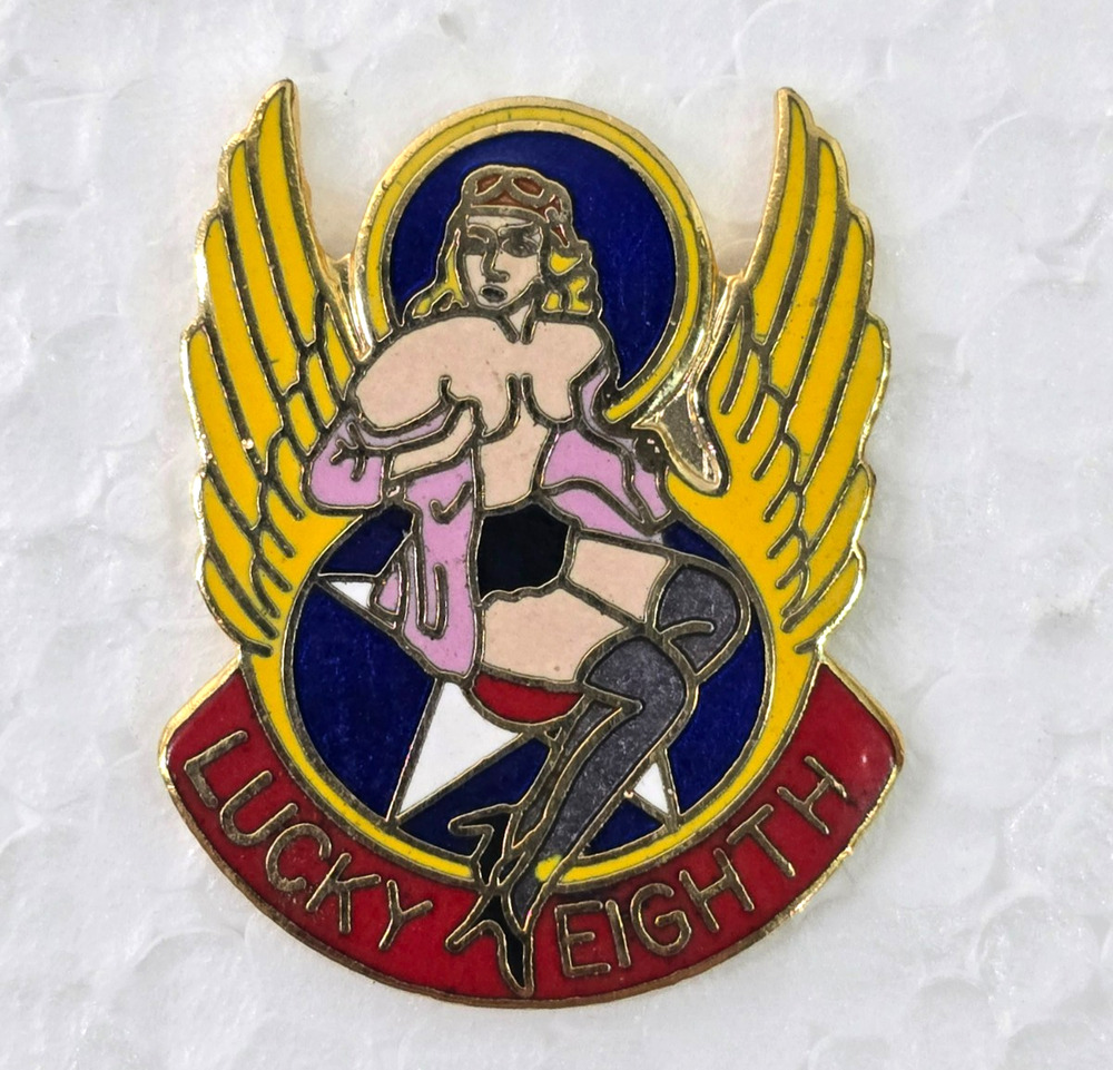Vintage USAF Army Nose Art Pinup Girl "Lucky Eighth" Lapel Hat Pin Tie Tac WWII